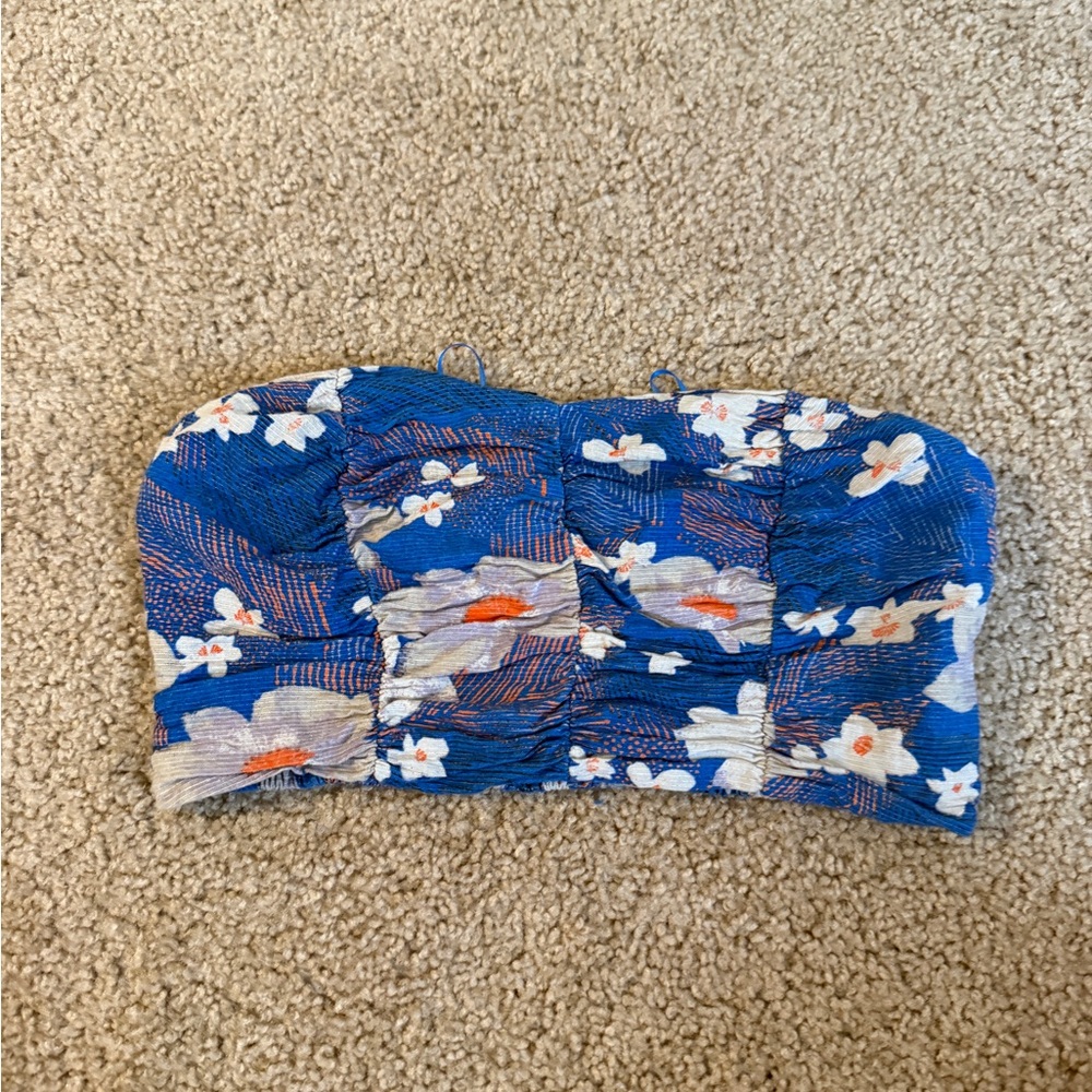 Urban Outfitters Blue Floral Strapless Bandeau Top
